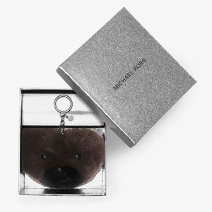 Michael Kors Teddy Bear Pom Fur Key Chain Toy Fob Bag Charm, Cinder Gift Box $98